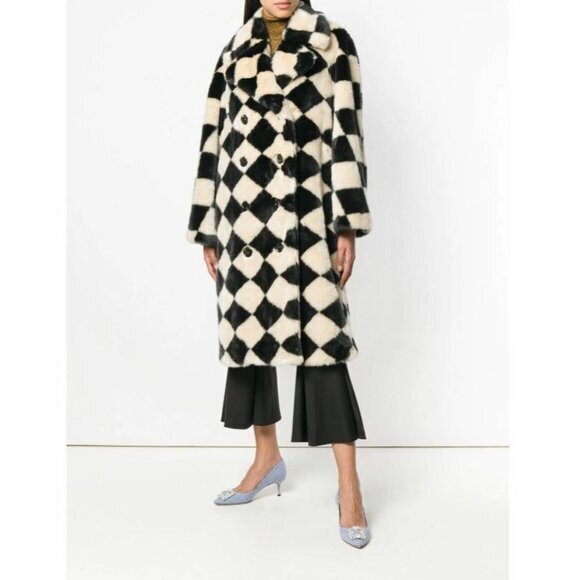 Marco De Vicenzo Diamond Black Cream Check Faux Fur Coat SZ 42 IT NWT $3129